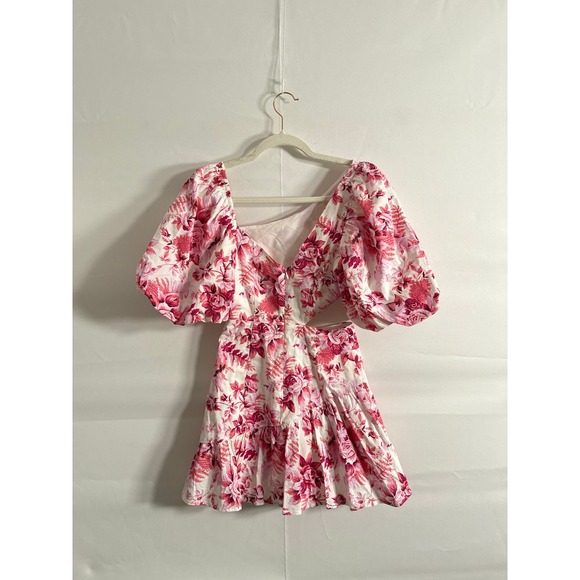 Hello Molly • Floral Cutout Puff Sleeve Square Neck Mini Dress Pink White XS US2 - Picture 6 of 8